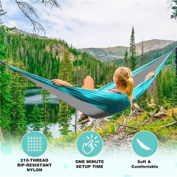 Double Camping Hammock with Tree Straps Lightweight Portable Outdoor Travel - Picture 4 of 7